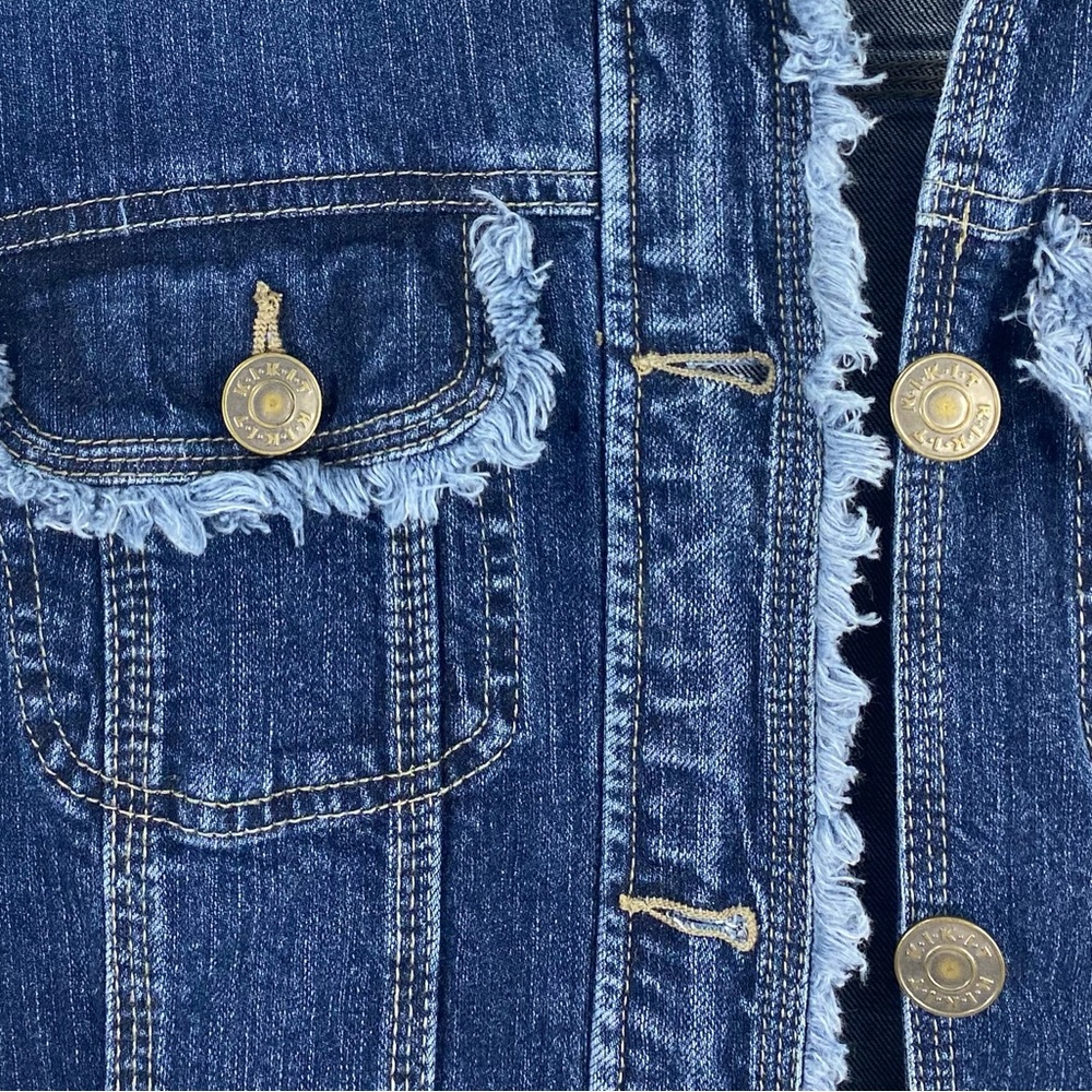 Kikit Jeans Frayed Raw Edge Distressed Trucker Blue Denim Jean Jacket Stretch XL - Picture 5 of 10